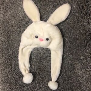 Furry bunny beanie hat with ears and tie-up